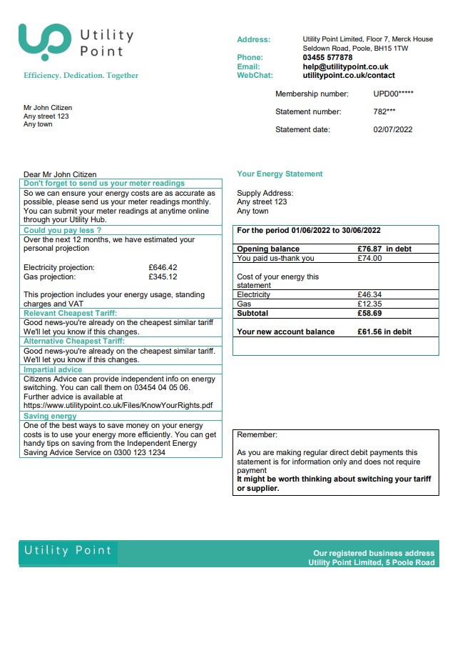 United Kingdom Utility Point utility bill template in Word and PDF format
